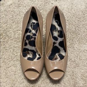 Jessica Simpson tan peep toe wedges